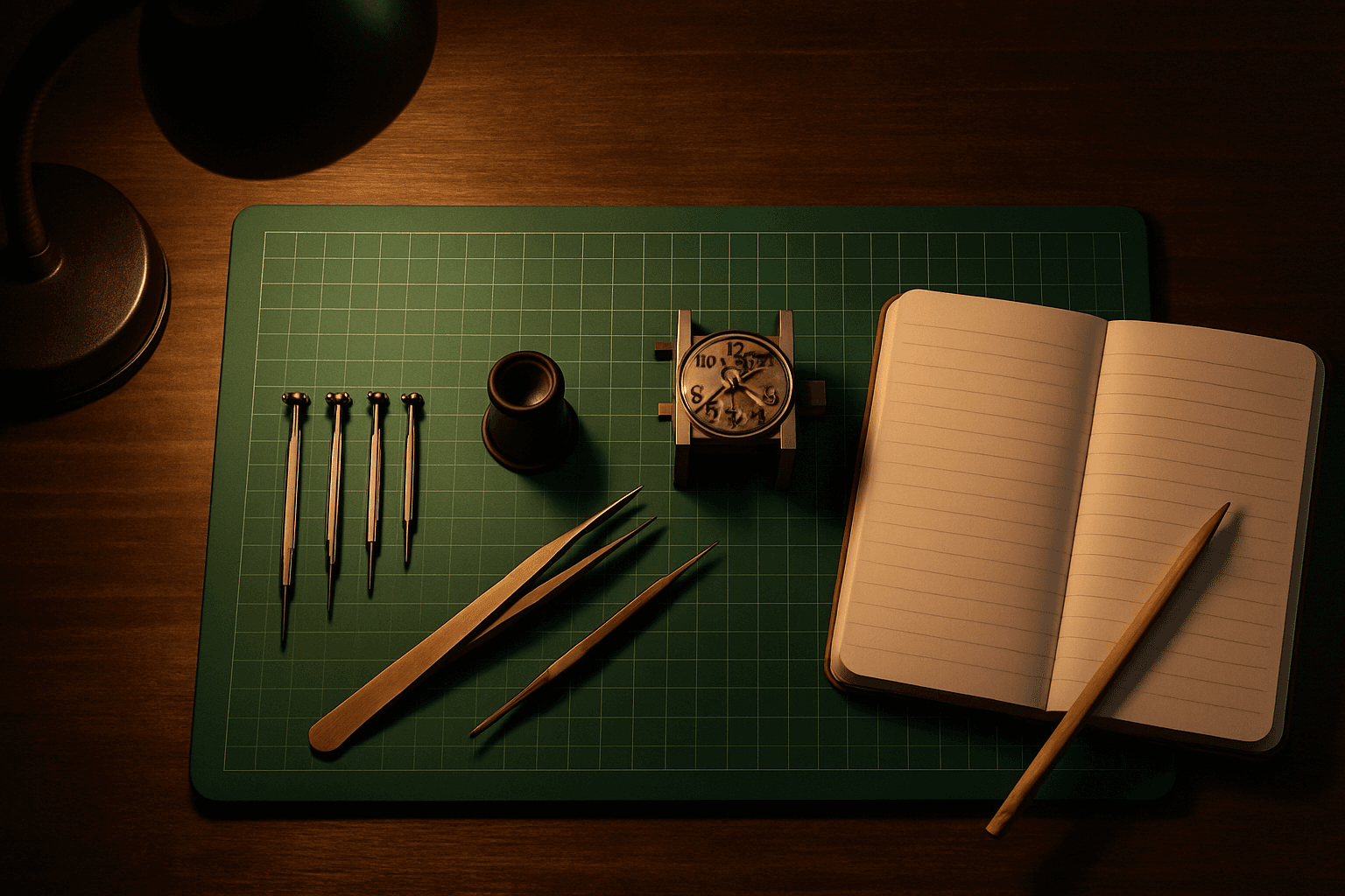 A watchmaker's bench with tools laid out