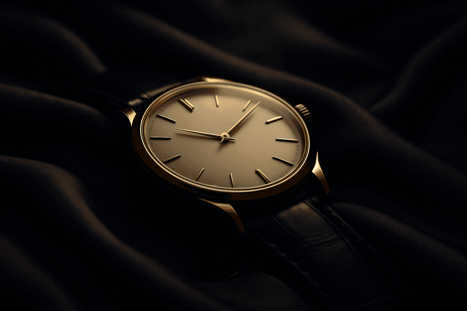A gold wristwatch resting on dark silk
